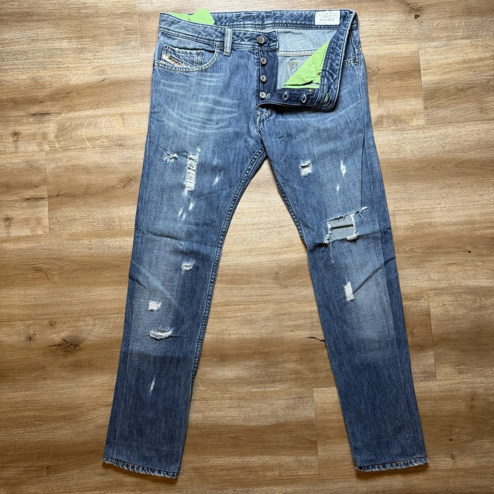 Diesel Slim Straight Distressed Blue Jeans with Green Pocket Lining